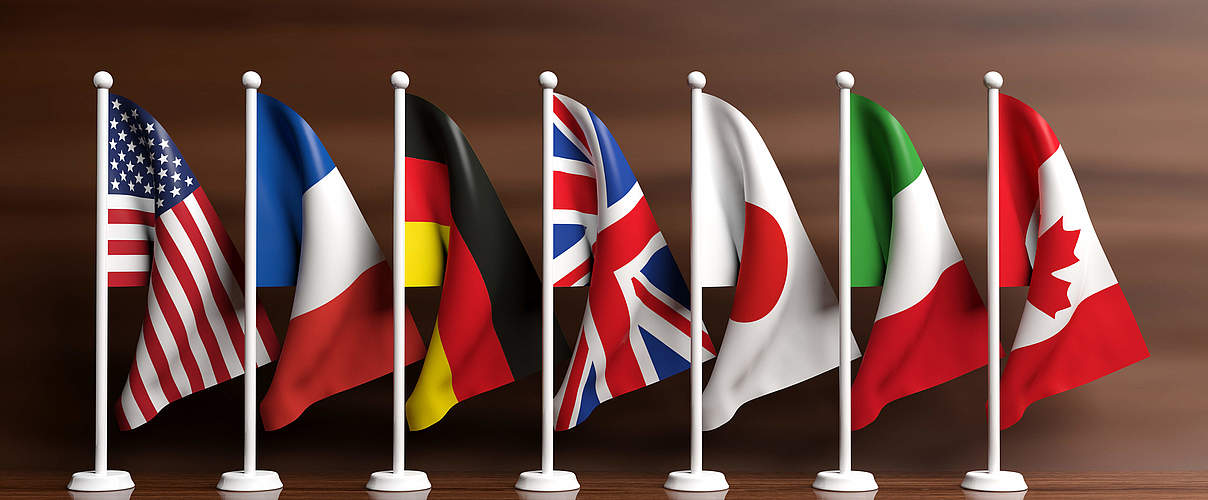 G7 - G8 miniature flags on wooden background. 3d illustration (rawf8)
