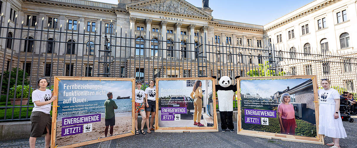 WWF-Aktivisten und der WWF-Panda sind vor dem Bundeskanzleramt bei einer Aktion zu sehen, wie sie Plakate zur Energiewende halten und einen Appell anlässlich der Ministerpräsidentenkonferenz aussenden.