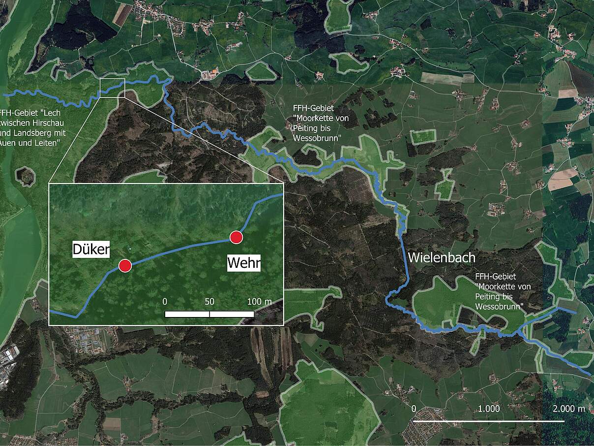 Karte: Wielenbach, Wehr und umliegende FFH-Gebiete © WWF