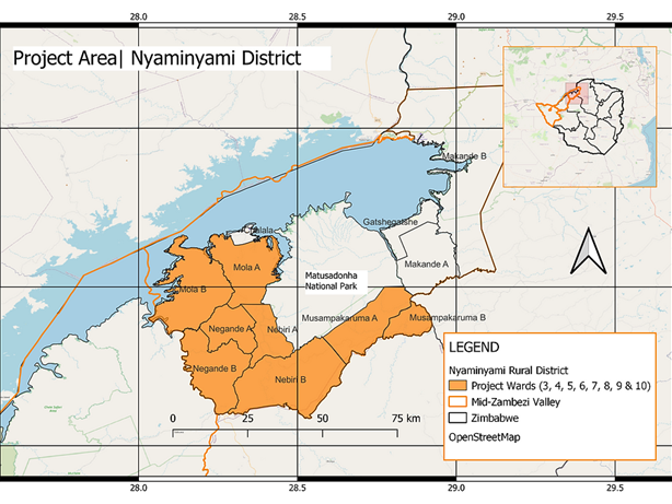 Karte der Region Nyaminyami, die die Nähe der Siedlungen am Matusadona-Nationalpark zeigt