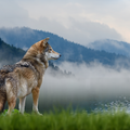 Wolf stands in the grass and looks into the distance against the backdrop of mountains