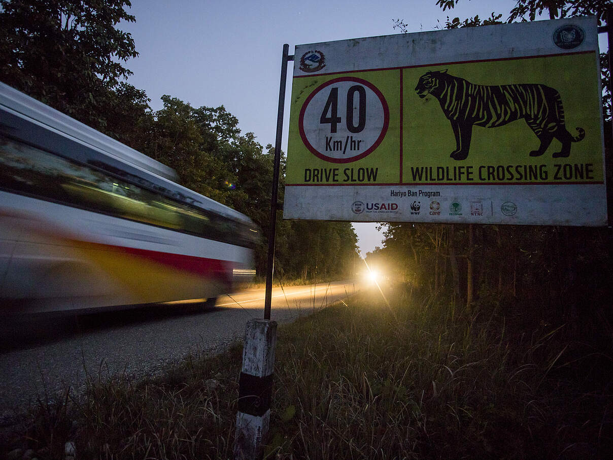 Straßenschild, das Autofahrer vor möglichen Tiger-Querungen warnt. © Emmanuel Rondeau / WWF-US