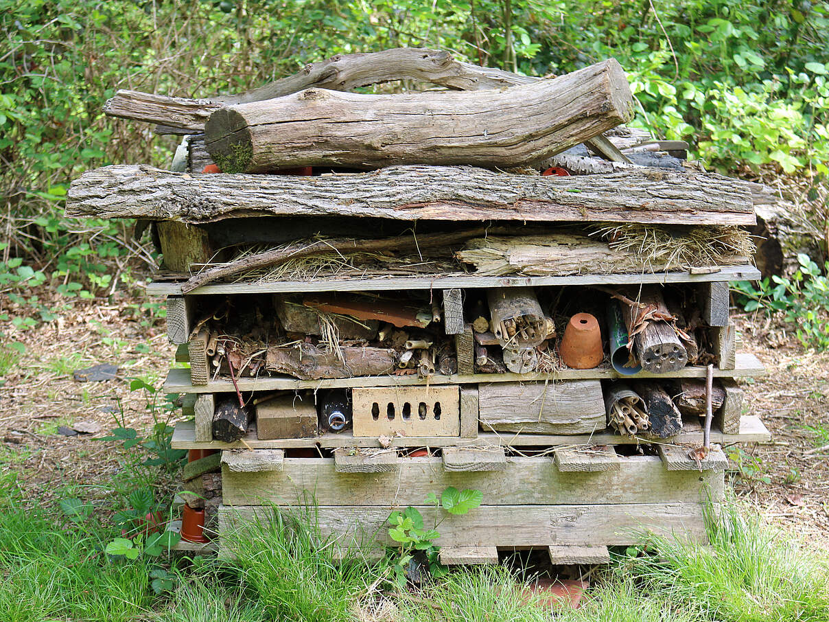 Aufeinandergelegt Paletten, Holz und Ziegelsteine, die einen Unterschlupf für Insekten bieten
