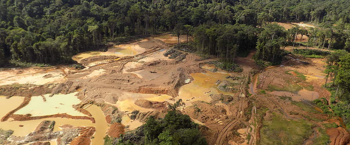 Waldzerstörung durch Bergbau in einer Luftaufnahme. @Philippe T. WWF-France