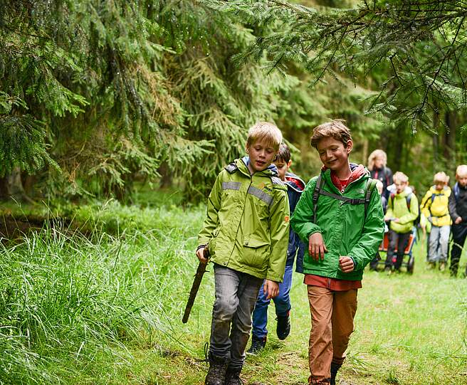 Kinder wandern im Wald