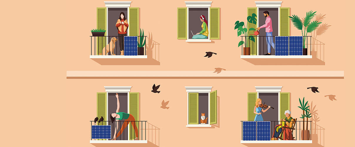 Balkon Photovoltaik-Anlage Grafik © Olga Kurbatova / Omelchenko Andrii / Getty Images / WWF