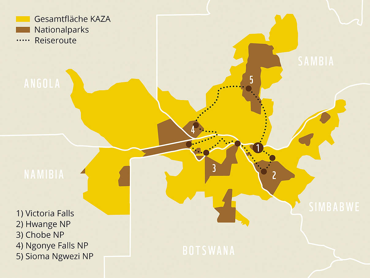 Route der KAZA-Projektreise © WWF