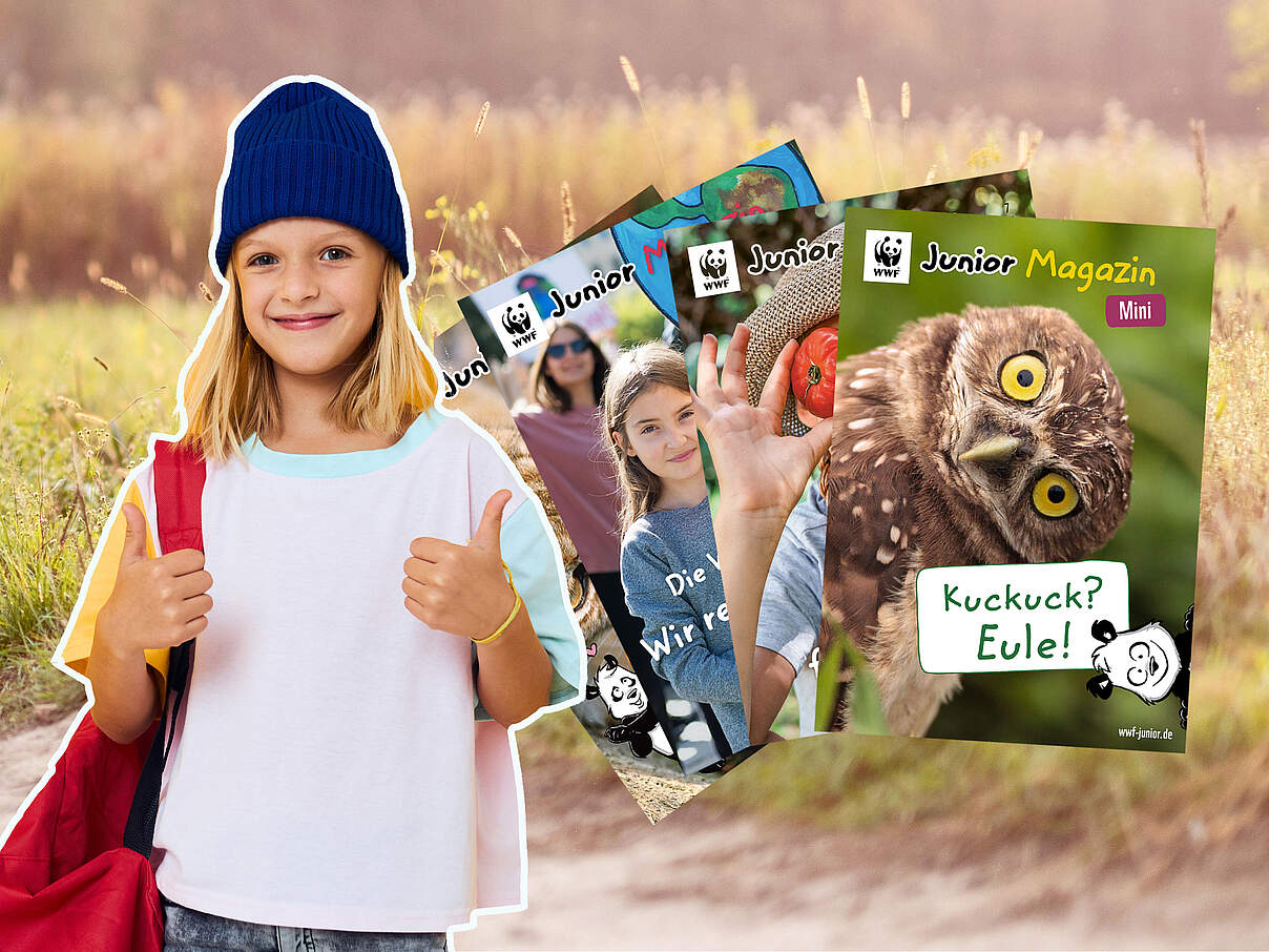 Junges Mädchen zusammen mit Magazinen der WWF Juniorfördermitgliedschaft