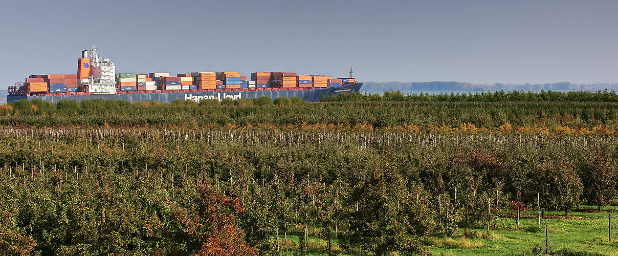 Containerschiff an der Unterelbe © Sabine Vielmo 