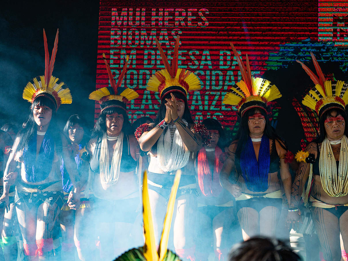 Performance einer Gruppe auf der Bühne des Free Land Camp 2023 © Edgar Kanaykõ / WWF Brazil