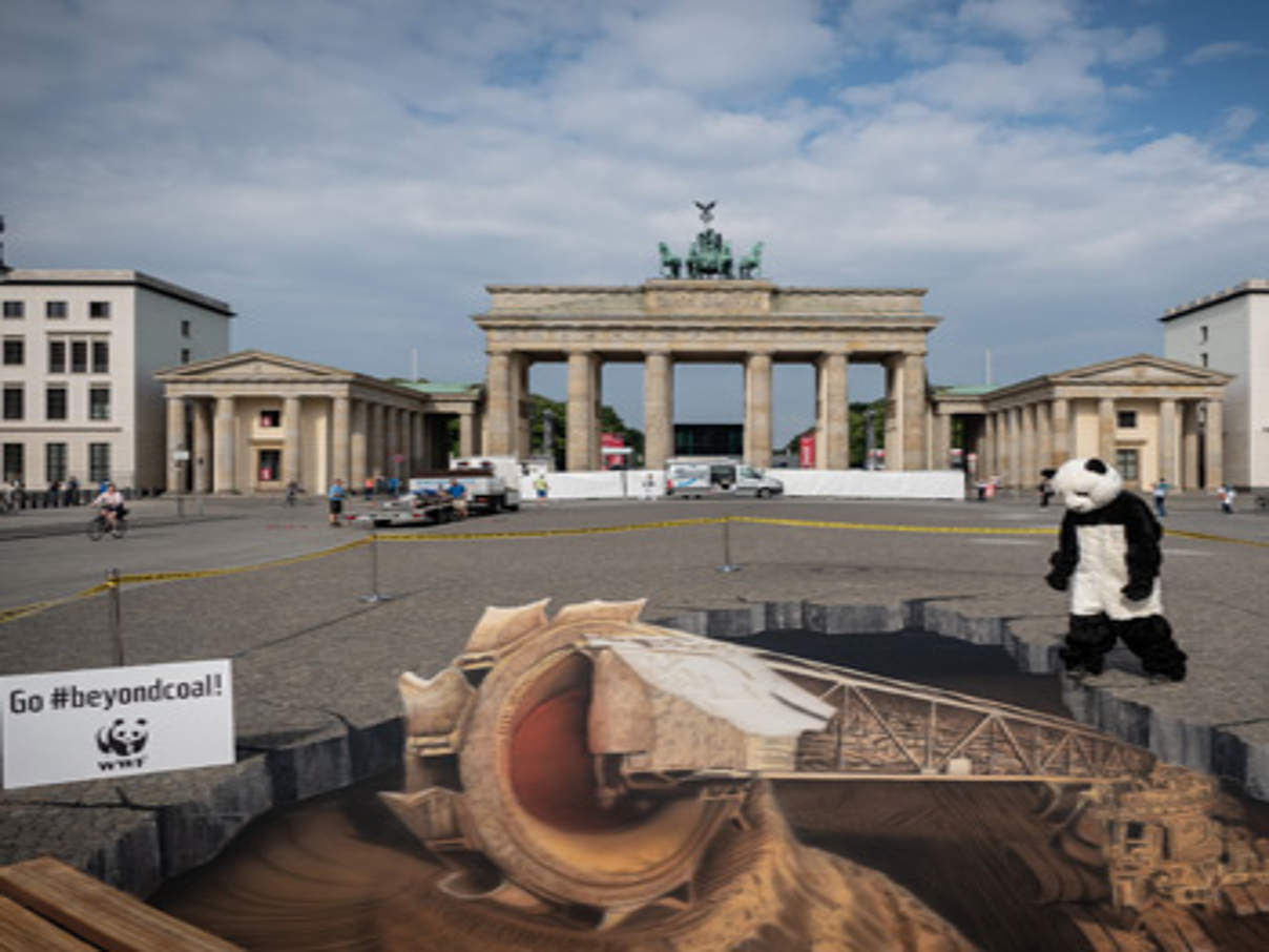 350 WWF Kohlefrei Aktion Brandenburger Tor Panda c Daniel Seiffert WWF Mit einem riesigen 3D-Bild eines Tagebaus macht der WWF vor dem Konferenzgebäude auf die Umweltzerstörung aufmerksam © Daniel Seiffert / WWF