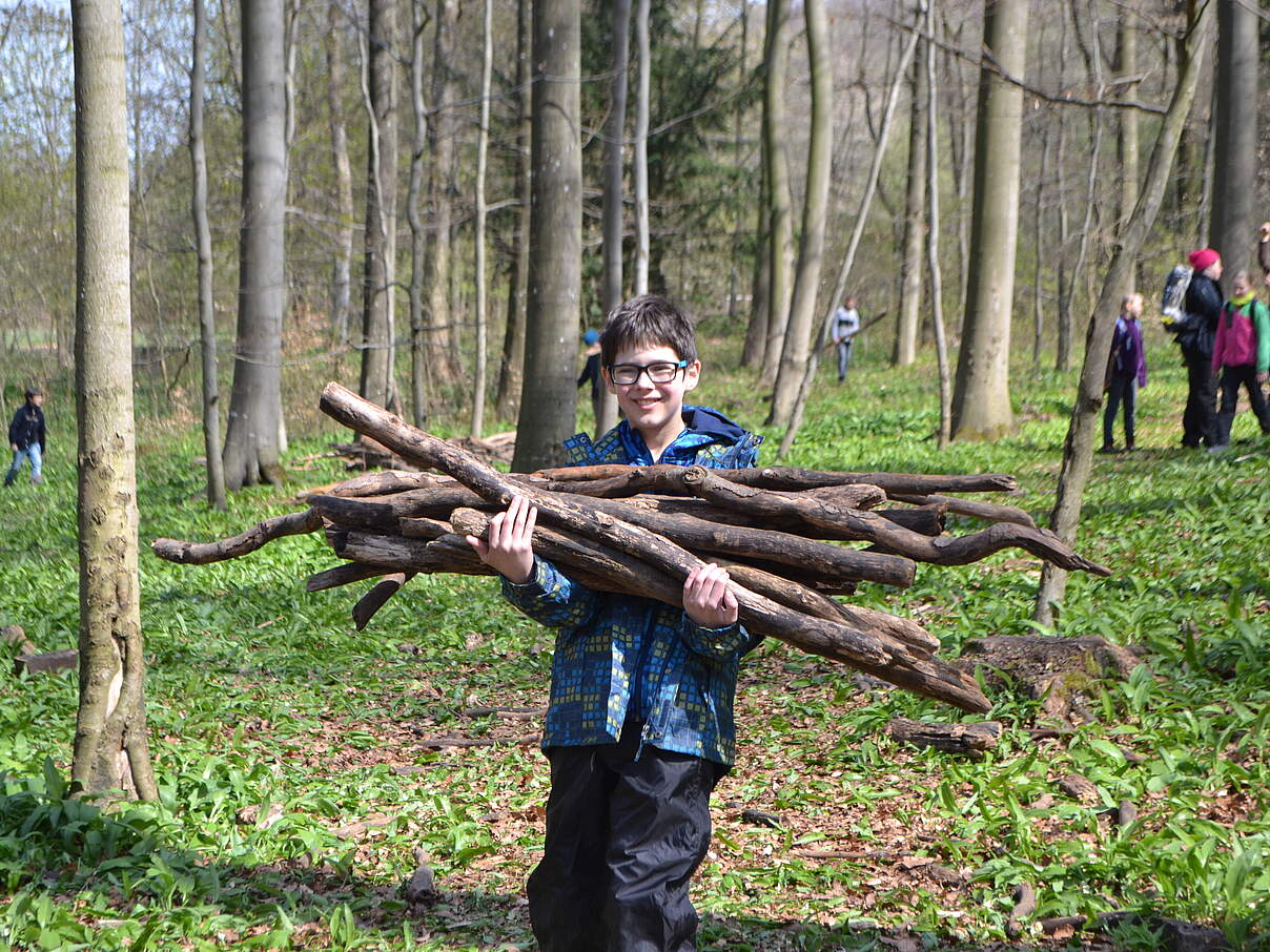 Ein Junge sammelt große Äste im Wald 