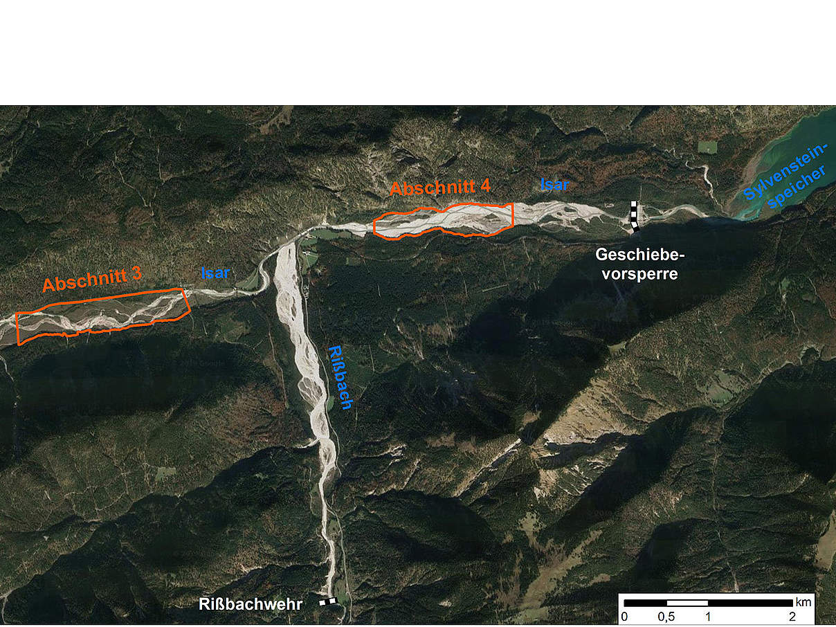 Lage der Untersuchungsgebiete vor (Abschnitt 3) und nach (Abschnitt 4) Einmündung des Rissbach © Juszczyk et al. 2020