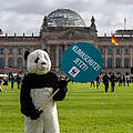 Ein Mench im Pandakostüm hält beim Klimastreik im September 2021 in Berlin ein Schild mit der Aufschrift "Klimaschutz jetzt!". © Markus Winkler / WWF