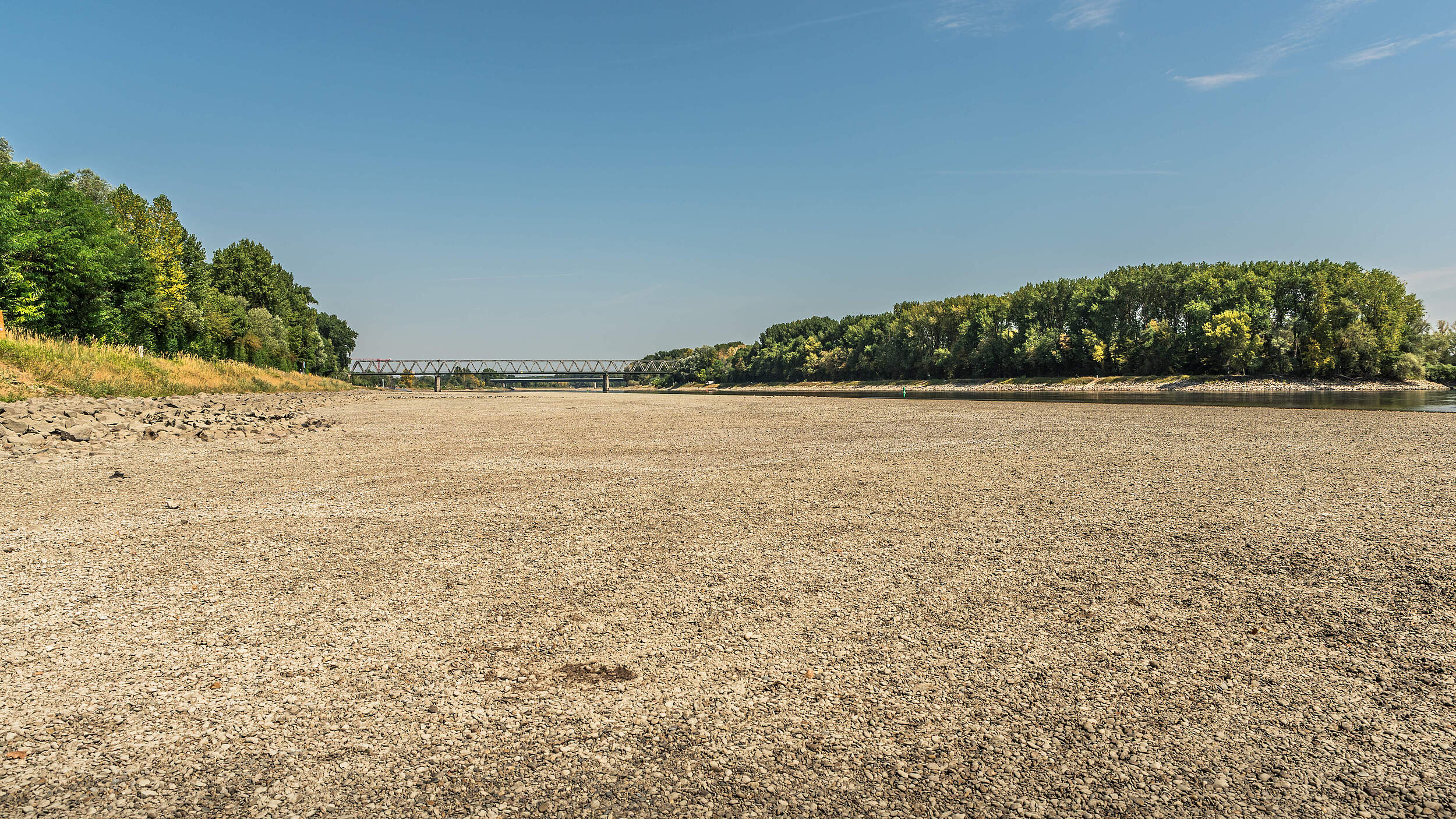 Niedriger Wasserstand und ausgedehntes trockenes Rheinbett während der Sommerdürre nahe Germersheim © Conny Pokorny/iStock/GettyImages