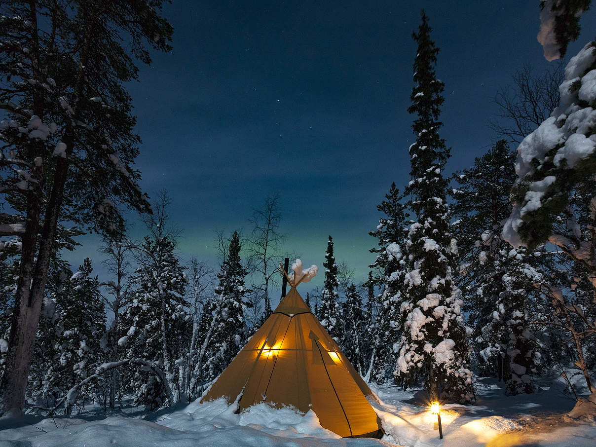 Moderne Tipi nach traditioneller Art der samischen Lavoo-Behausung, Sápmi Nature Camp © Maren Krings