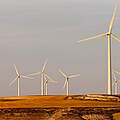 Windkrafträder auf einem Hügel von der Abendsonne in Spanien beschienen