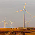 Windkrafträder auf einem Hügel von der Abendsonne in Spanien beschienen