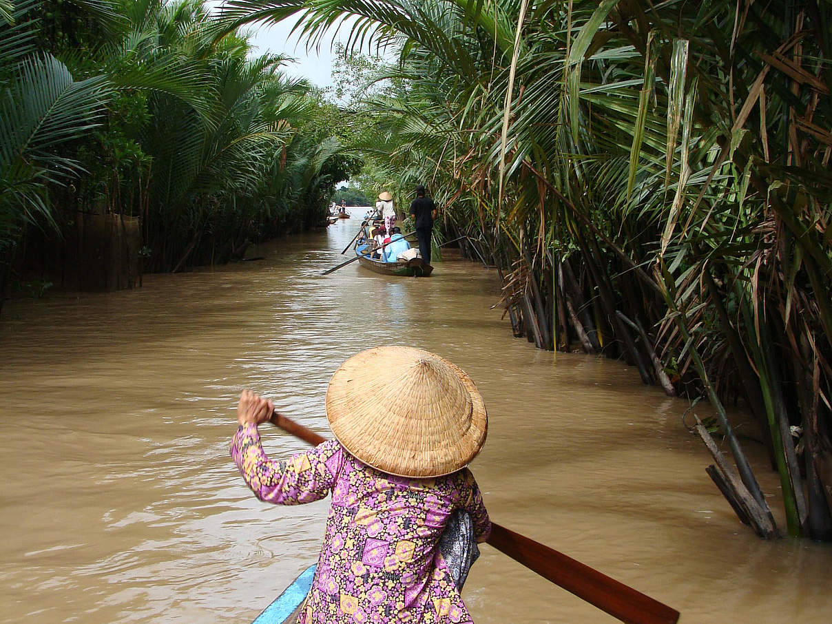 Asiatische Frau im Boot auf dem Mekong © Franko Petri / WWF Austria