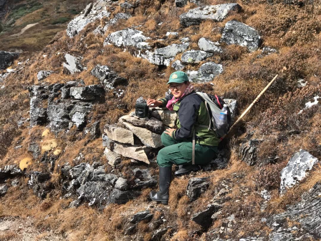 Rangerin in grüner Uniform sitzt mit Rucksack und Wildtierkamera in felsigem Gelände